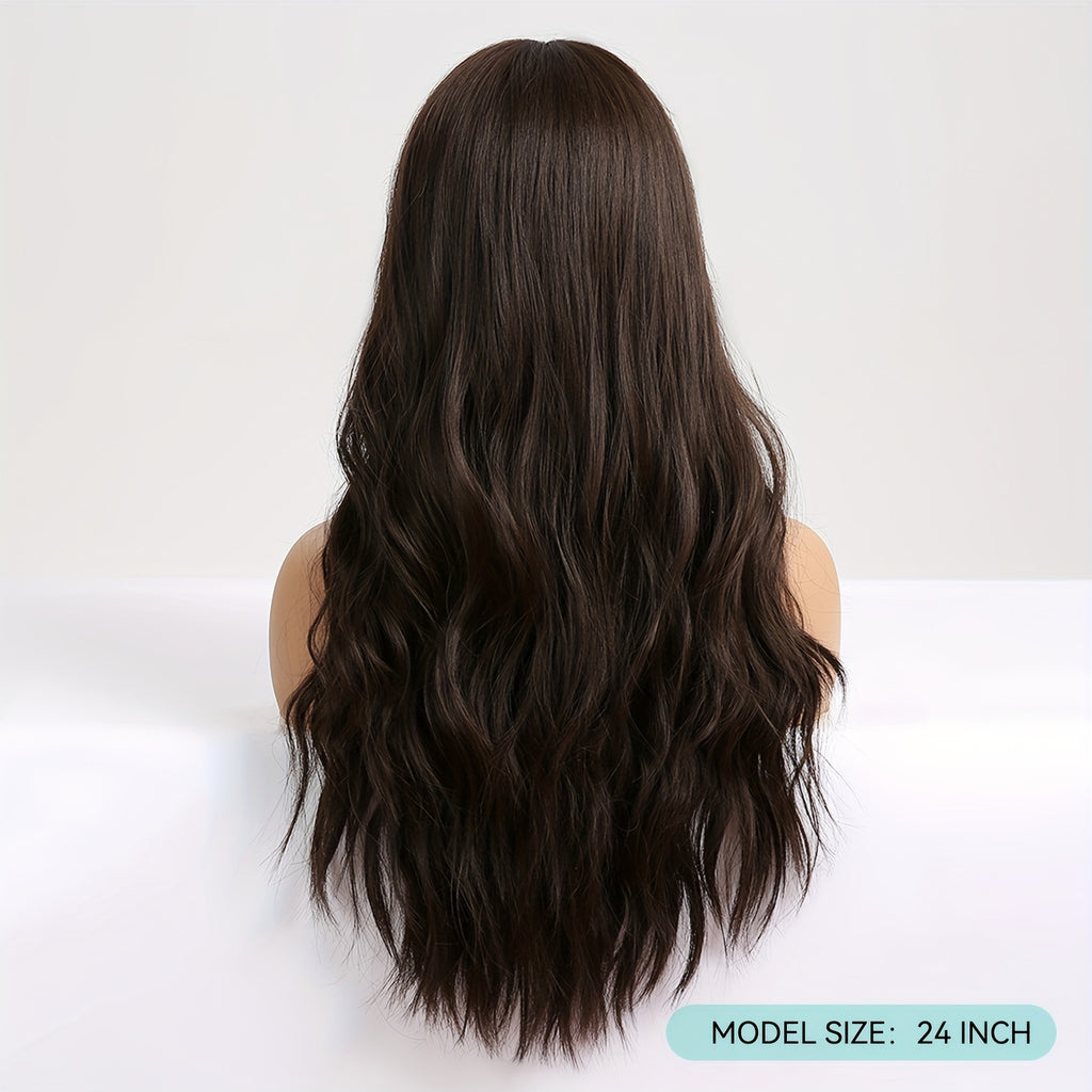 Women's -Resistant Long Curly Wig with Rose Net - Dark Brown/Black -Looking Loose Waves, -Stylable Fiber Hair for Daily Wear, Parties, Christmas & Valentine's Day (No glue/Spray needed)