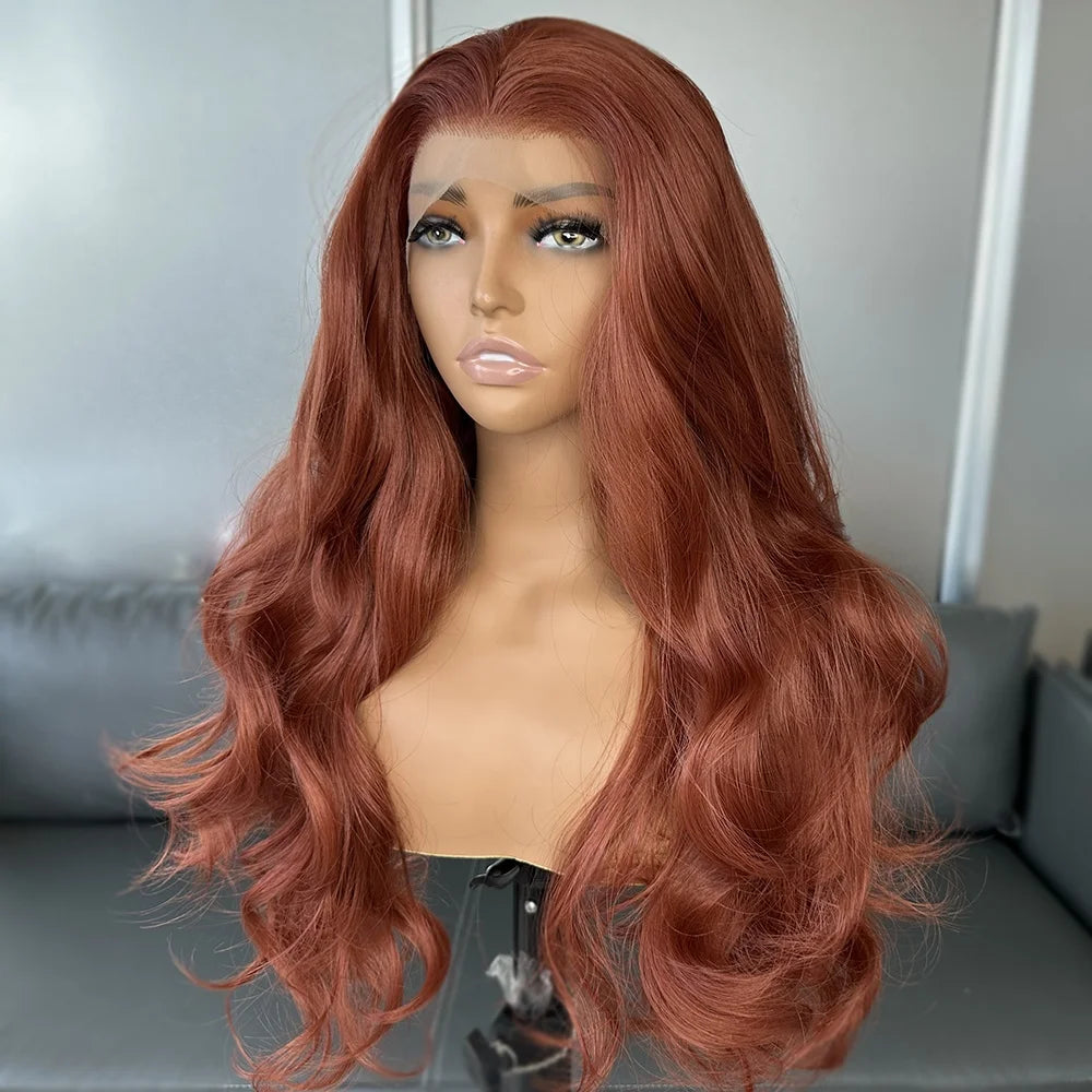 Long Body Wavy Copper Red Wigs Futura Fiber Hair 13x6 Heat Resistant Synthetic Lace Front Wig for Black Women