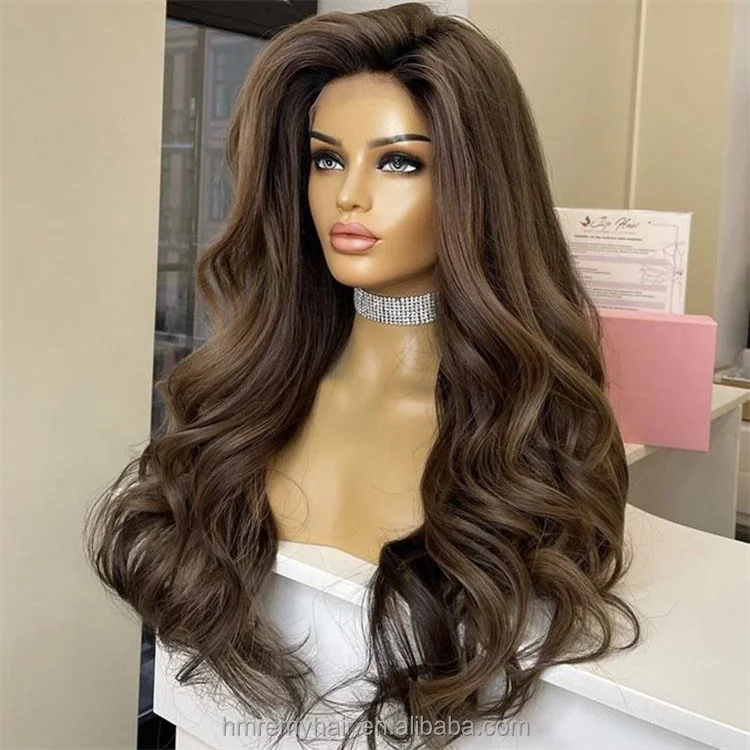 European Hair 13*6 Lace Front Wig with Natural Hairline Pre-Plucked Glueless Wave Highlighted Brown Color Transparent Lace