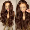 European Hair 13*6 Lace Front Wig with Natural Hairline Pre-Plucked Glueless Wave Highlighted Brown Color Transparent Lace