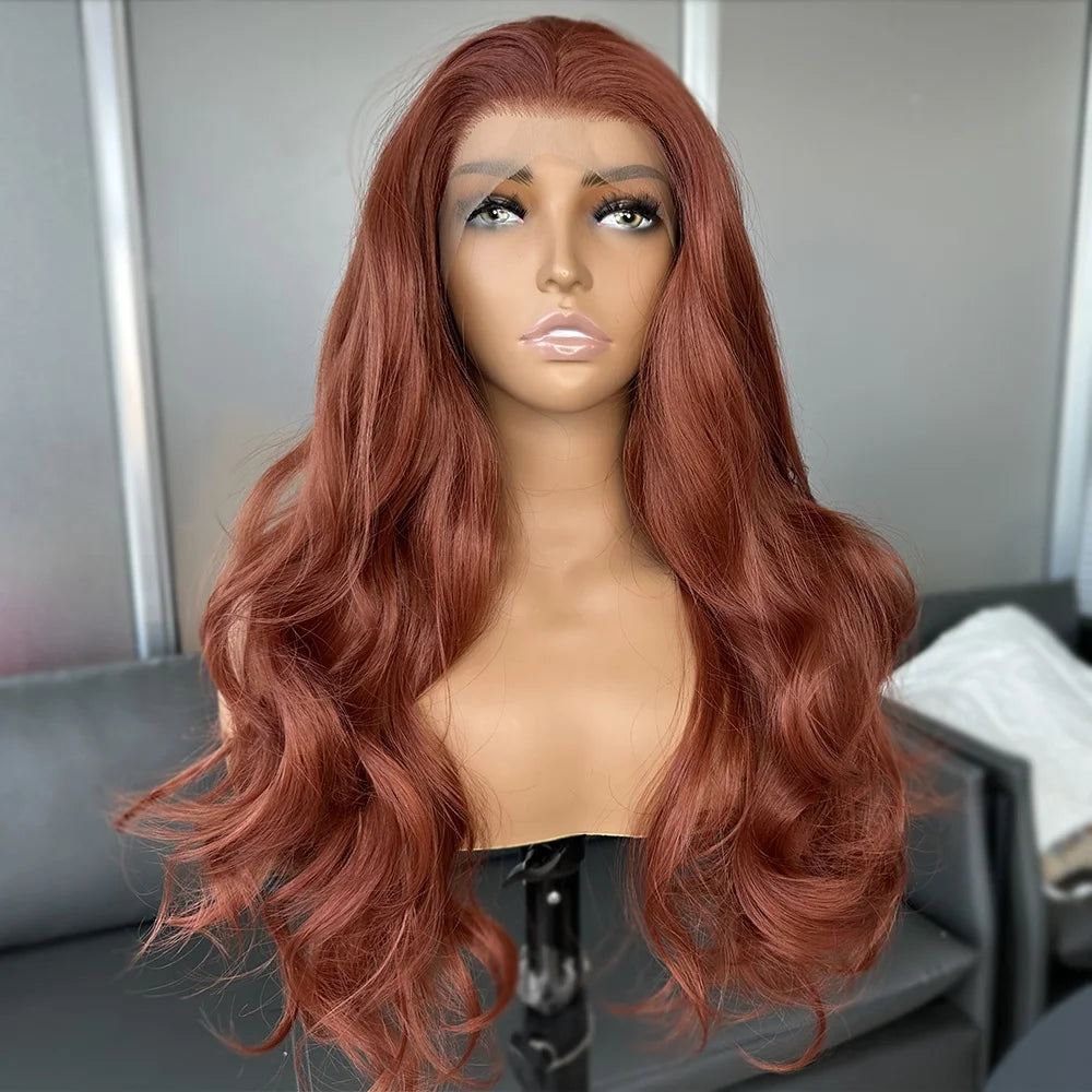 Long Body Wavy Copper Red Wigs Futura Fiber Hair 13x6 Heat Resistant Synthetic Lace Front Wig for Black Women