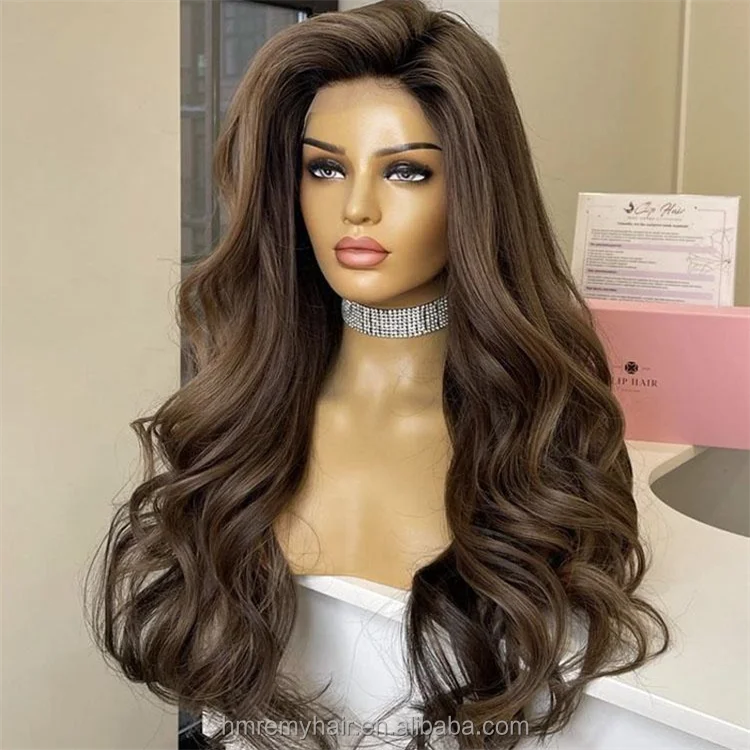 European Hair 13*6 Lace Front Wig with Natural Hairline Pre-Plucked Glueless Wave Highlighted Brown Color Transparent Lace