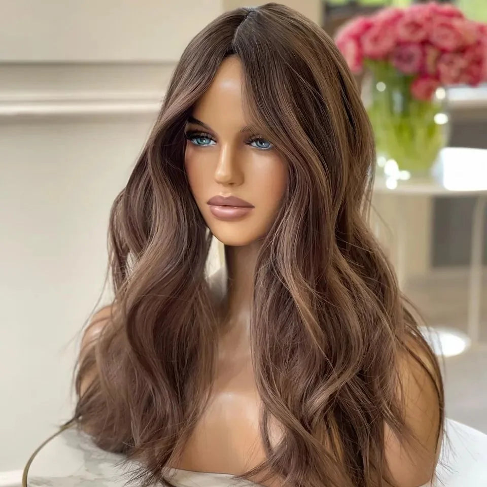 European Hair 13*6 Lace Front Wig with Natural Hairline Pre-Plucked Glueless Wave Highlighted Brown Color Transparent Lace