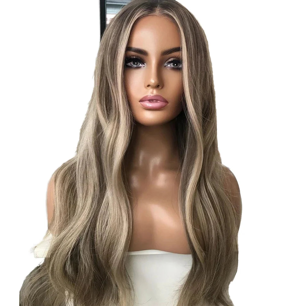European Hair 13*6 Lace Front Wig with Natural Hairline Pre-Plucked Glueless Wave Highlighted Brown Color Transparent Lace
