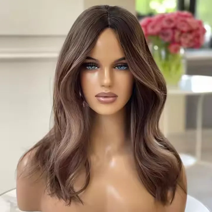 European Hair 13*6 Lace Front Wig with Natural Hairline Pre-Plucked Glueless Wave Highlighted Brown Color Transparent Lace