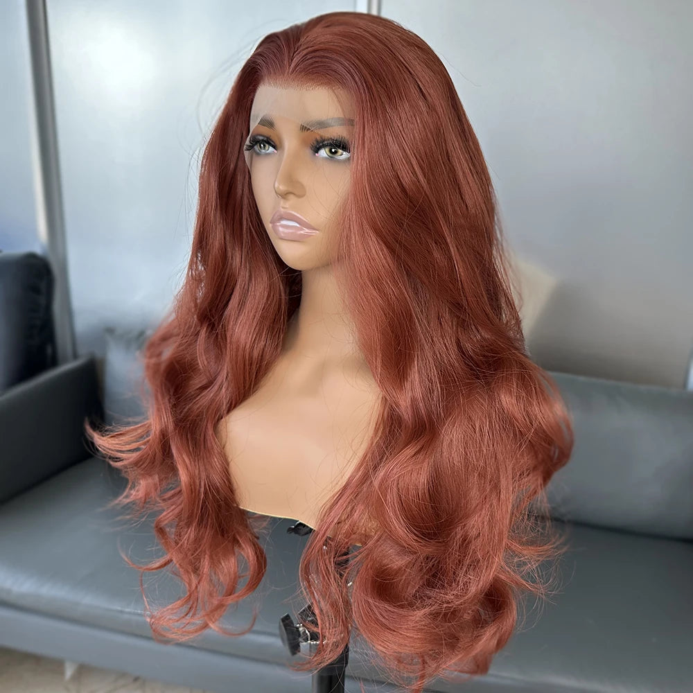 Long Body Wavy Copper Red Wigs Futura Fiber Hair 13x6 Heat Resistant Synthetic Lace Front Wig for Black Women