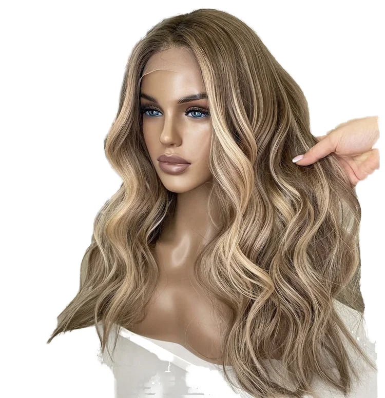 European Hair 13*6 Lace Front Wig with Natural Hairline Pre-Plucked Glueless Wave Highlighted Brown Color Transparent Lace