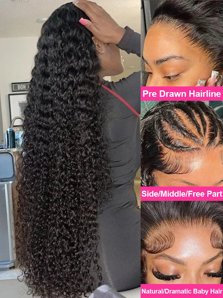 30 40Inch Curly Wigs 13x6 HD Transparent Lace Frontal Human Hair Deep Wave Frontal Wig 250% Density Raw Hair Brazilian For Women