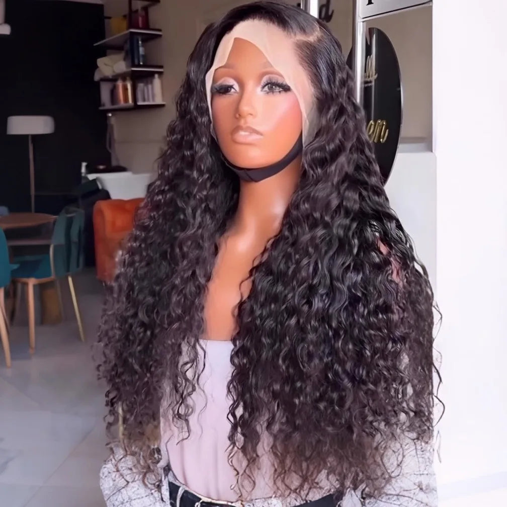 Long Deep Wave Black Color Synthetic 13X4 HD Lace Frontal Wig For Black Women Prepucked Bleach Knots Glueless Wig Daily Party