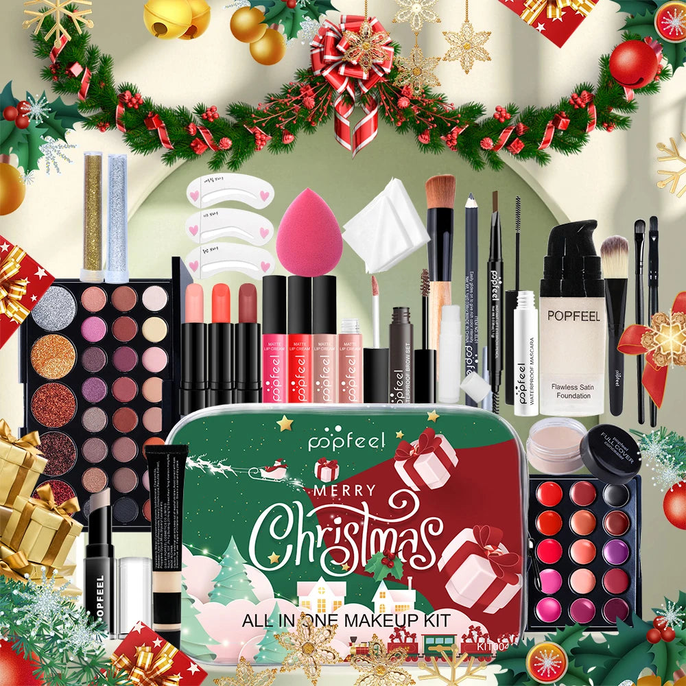 POPFEEL Christmas Makeup Set - Complete Collection of Eyeshadow, Foundation, Lipstick for Holiday Celebrations and Everyday Glam