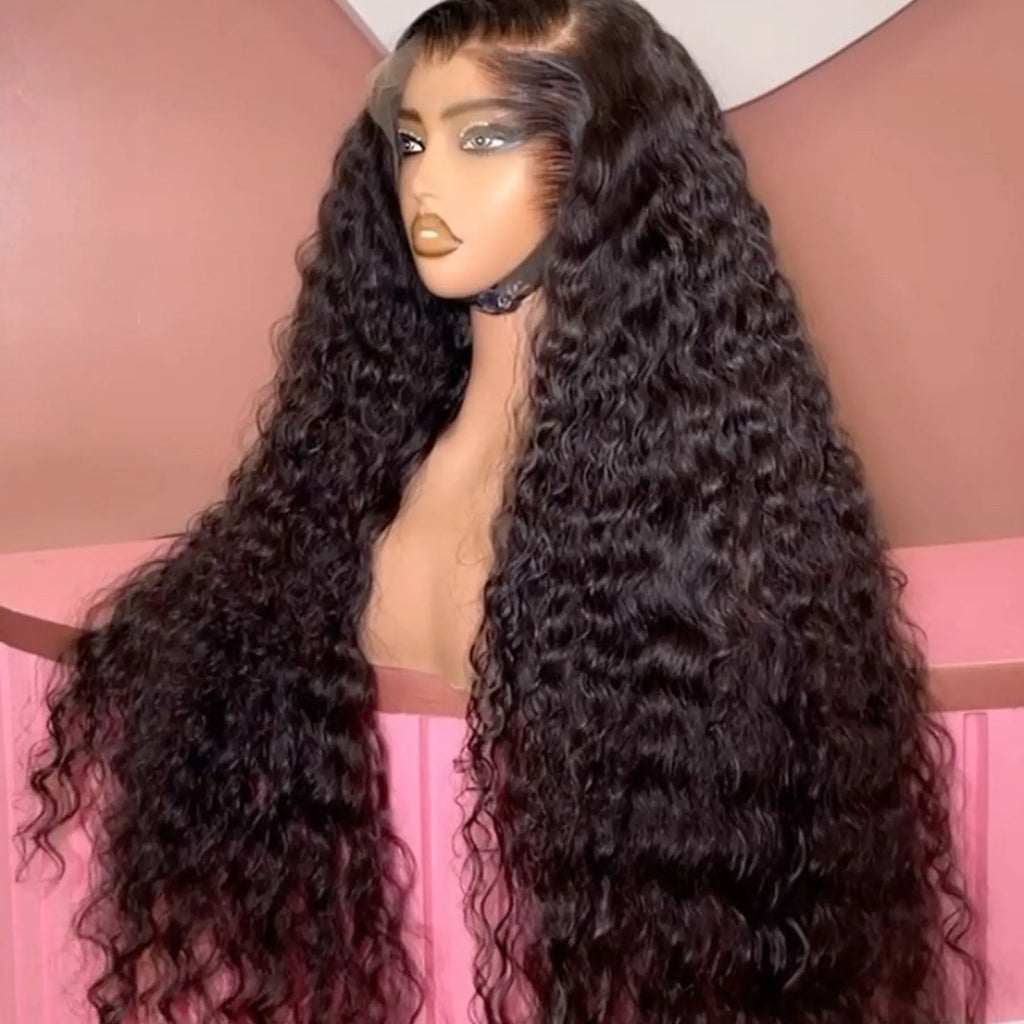 Long Deep Wave Black Color Synthetic 13X4 HD Lace Frontal Wig For Black Women Prepucked Bleach Knots Glueless Wig Daily Party