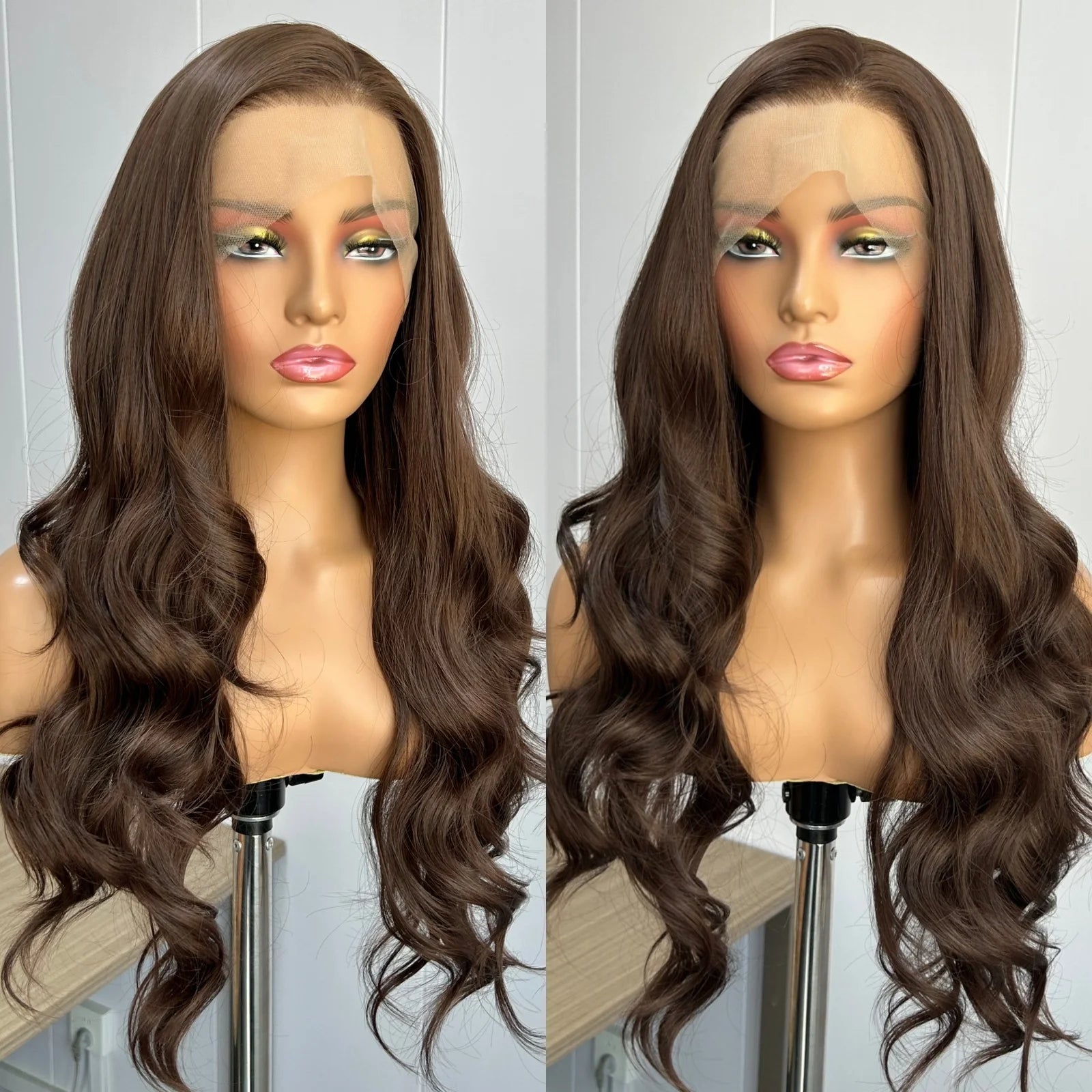 Chocolate Brown Loose Body Wave Synthetic Hair Free Part Dark Brown Brunette Long Wavy Natural Curly Lace Front Wigs for Women