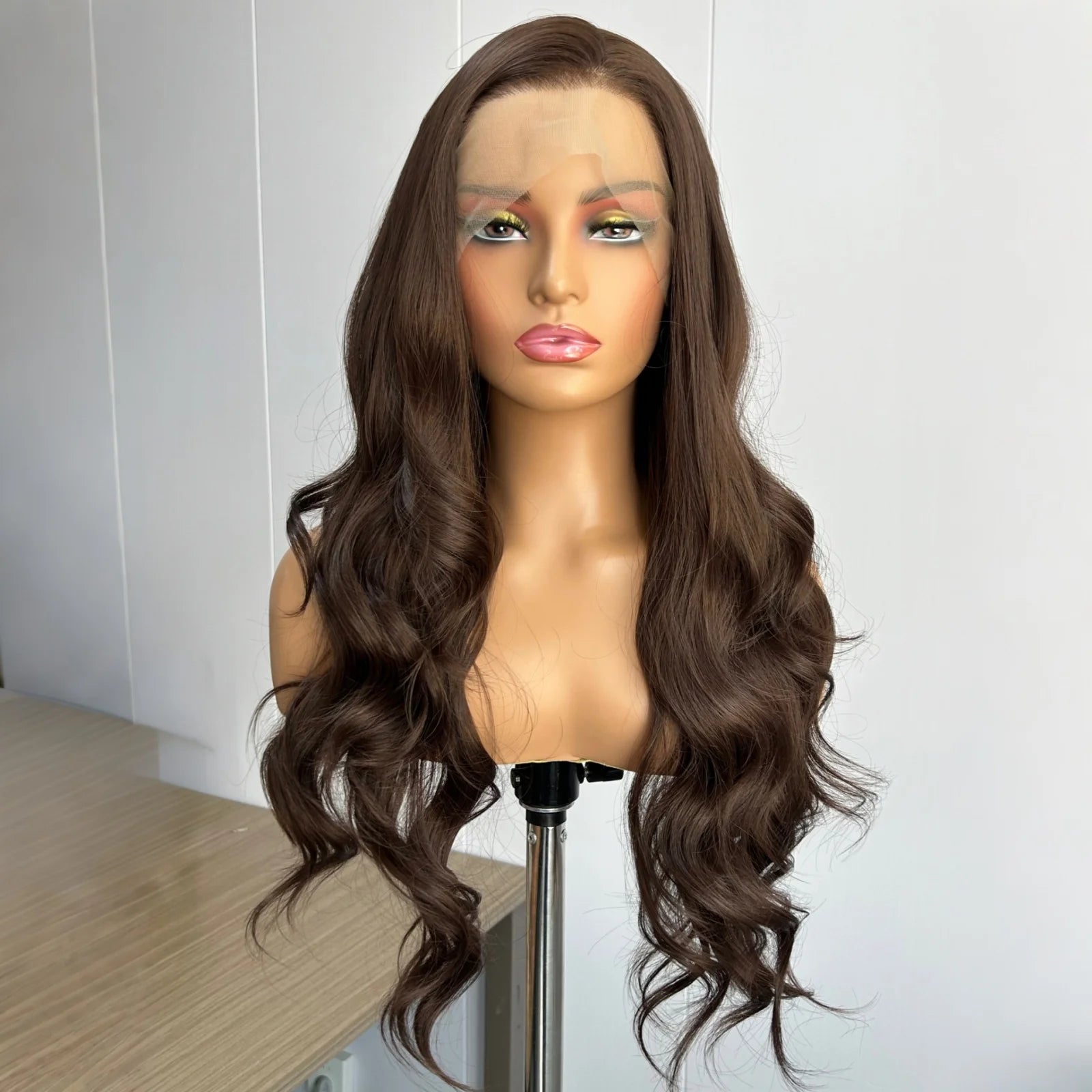 Chocolate Brown Loose Body Wave Synthetic Hair Free Part Dark Brown Brunette Long Wavy Natural Curly Lace Front Wigs for Women