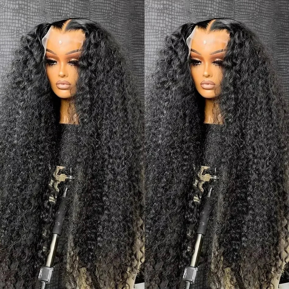 Long Deep Wave Black Color Synthetic 13X4 HD Lace Frontal Wig For Black Women Prepucked Bleach Knots Glueless Wig Daily Party