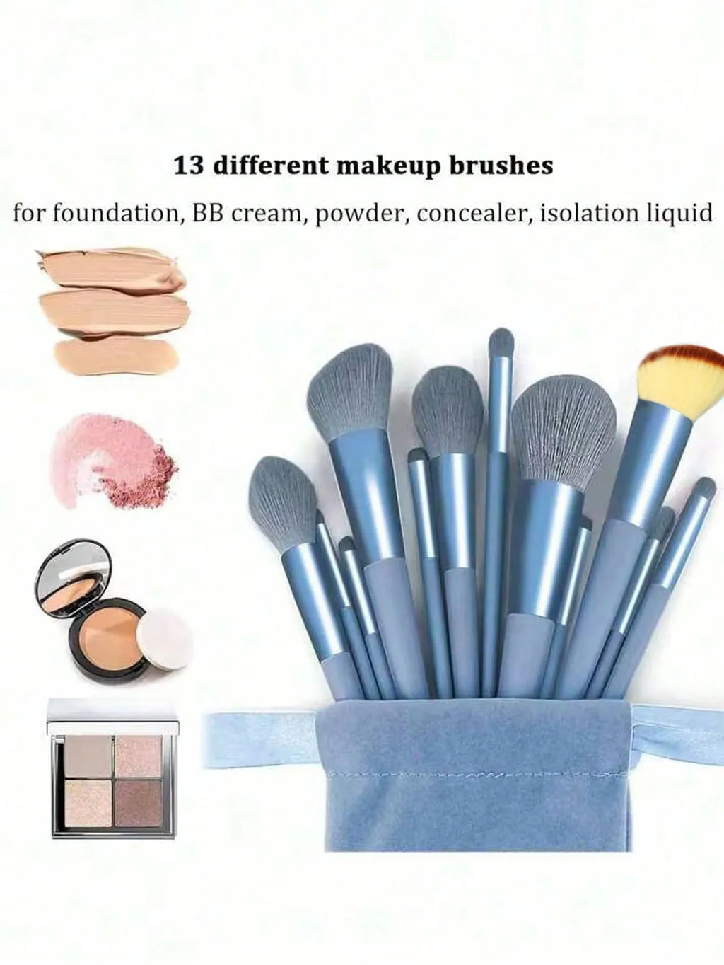 Professional 13-Piece Blue Makeup Brush Set with Blending Sponge & Powder Puff - Complete Cosmetic Kit for Flawless Foundation