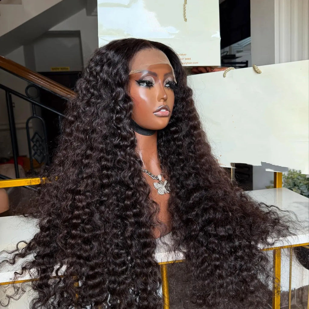 Long Deep Wave Black Color Synthetic 13X4 HD Lace Frontal Wig For Black Women Prepucked Bleach Knots Glueless Wig Daily Party