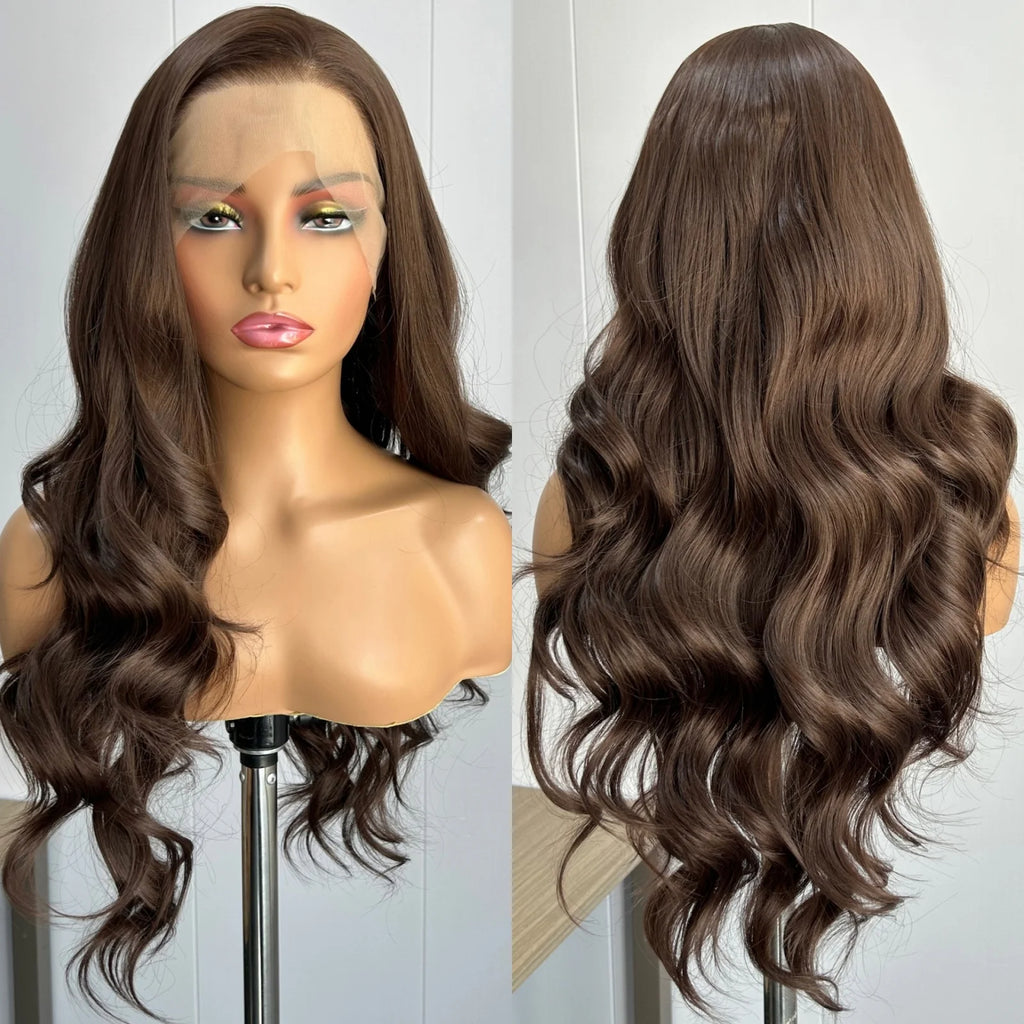 Chocolate Brown Loose Body Wave Synthetic Hair Free Part Dark Brown Brunette Long Wavy Natural Curly Lace Front Wigs for Women