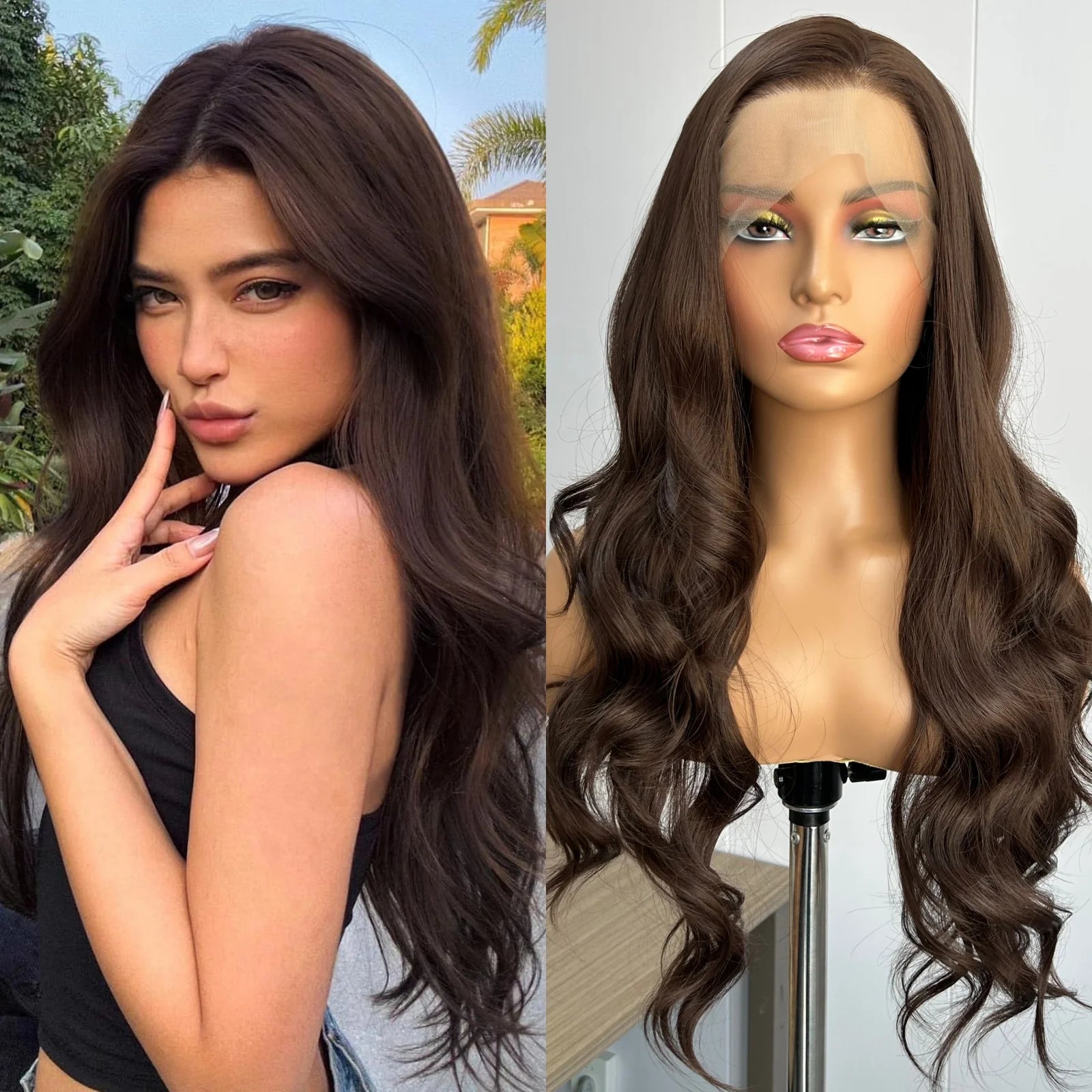 Chocolate Brown Loose Body Wave Synthetic Hair Free Part Dark Brown Brunette Long Wavy Natural Curly Lace Front Wigs for Women