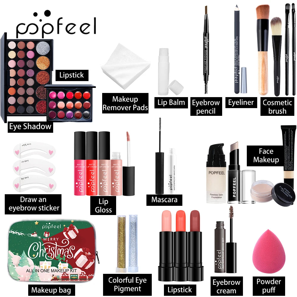 POPFEEL Christmas Makeup Set - Complete Collection of Eyeshadow, Foundation, Lipstick for Holiday Celebrations and Everyday Glam