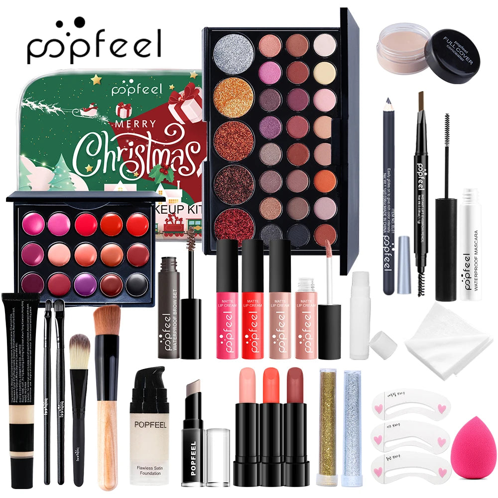 POPFEEL Christmas Makeup Set - Complete Collection of Eyeshadow, Foundation, Lipstick for Holiday Celebrations and Everyday Glam