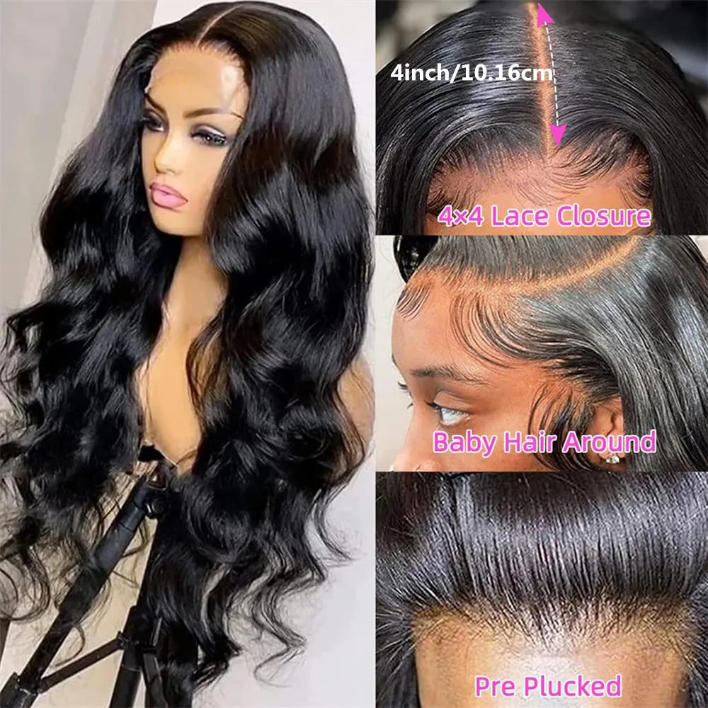 Body Wave 4x4 Transparent Lace Front Wigs Human Hair for Women Malaysia Body Wave With Baby Hair Wigs 180% Density Natural Color