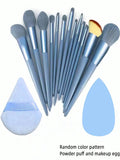 Professional 13-Piece Blue Makeup Brush Set with Blending Sponge & Powder Puff - Complete Cosmetic Kit for Flawless Foundation