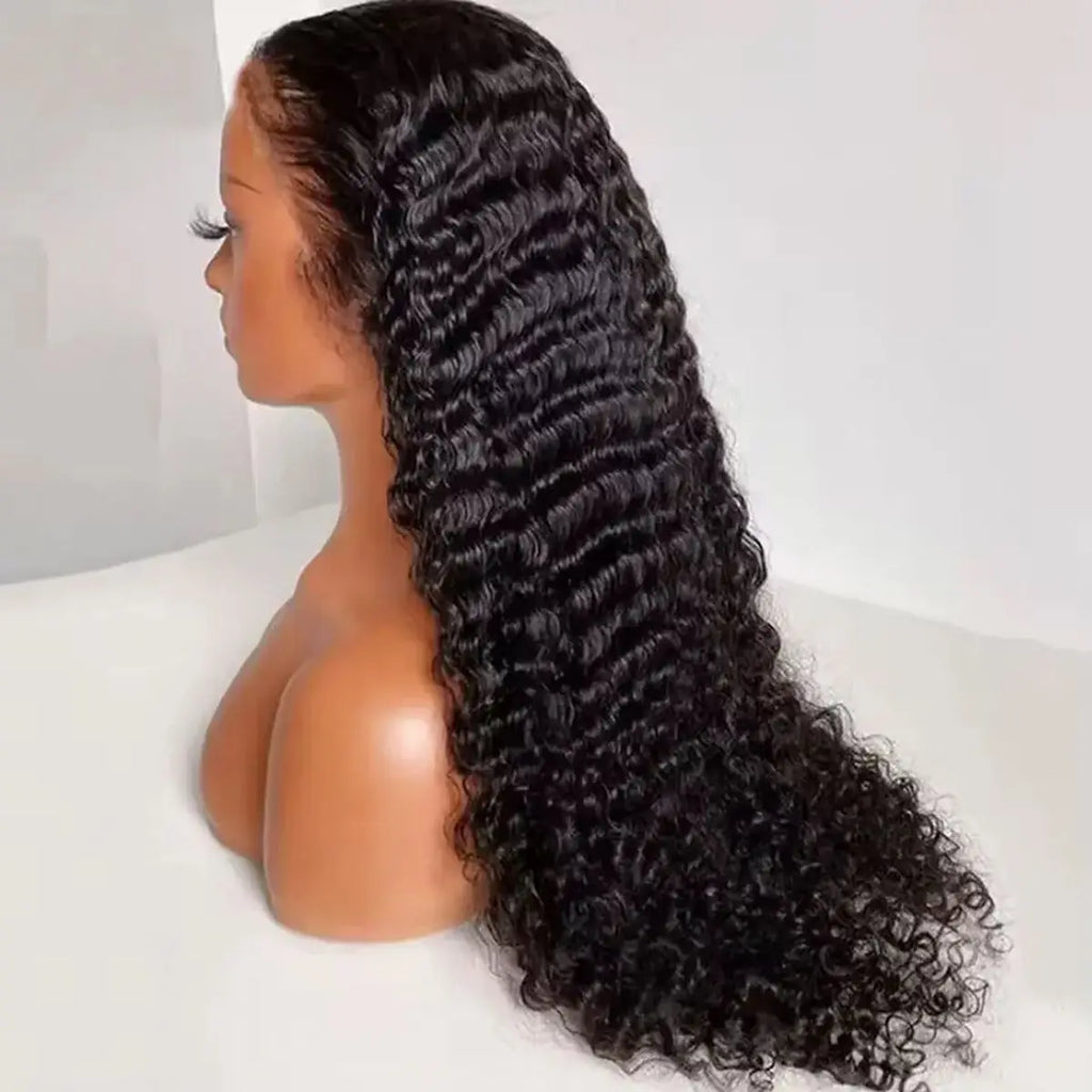 Long Deep Wave Black Color Synthetic 13X4 HD Lace Frontal Wig For Black Women Prepucked Bleach Knots Glueless Wig Daily Party