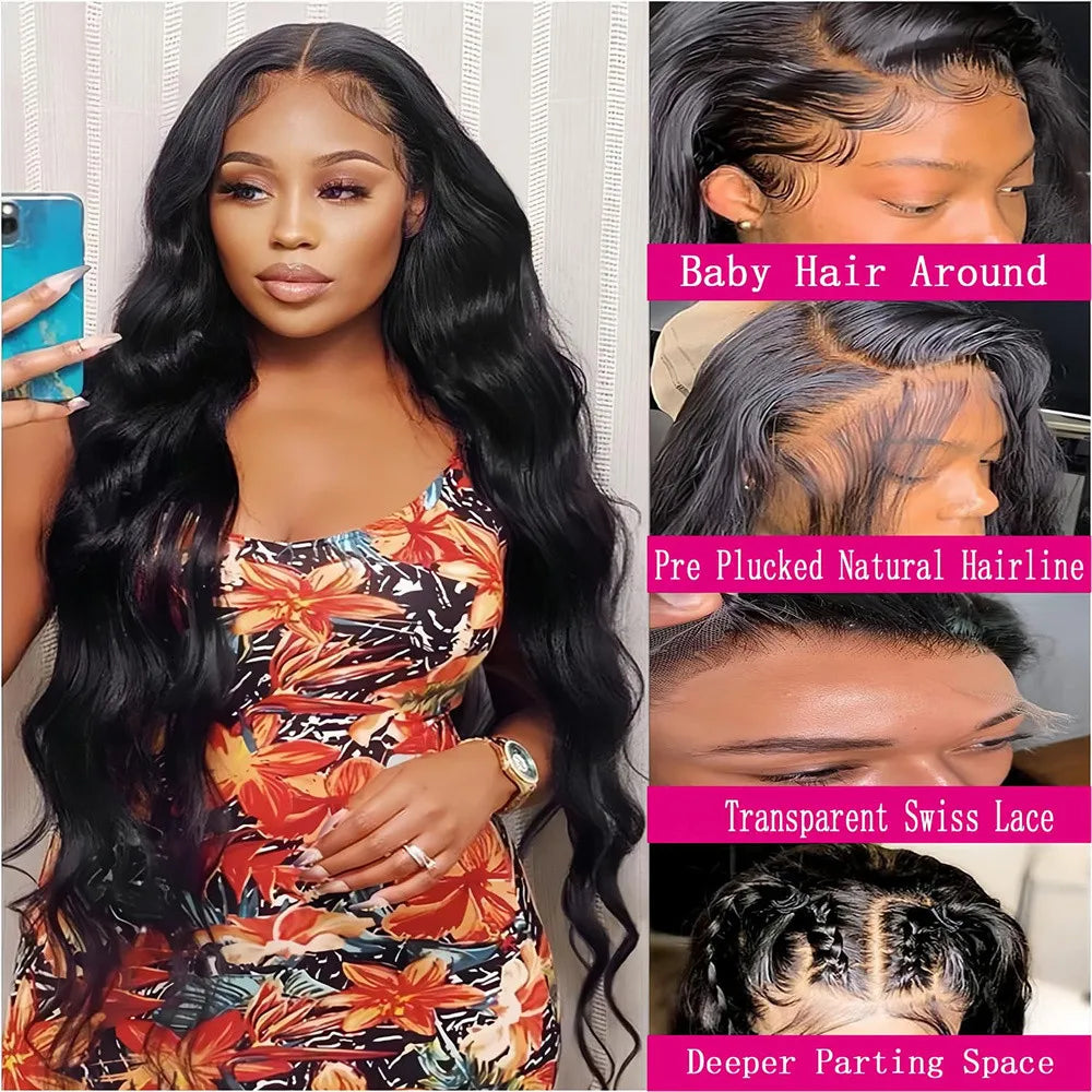 Body Wave 4x4 Transparent Lace Front Wigs Human Hair for Women Malaysia Body Wave With Baby Hair Wigs 180% Density Natural Color