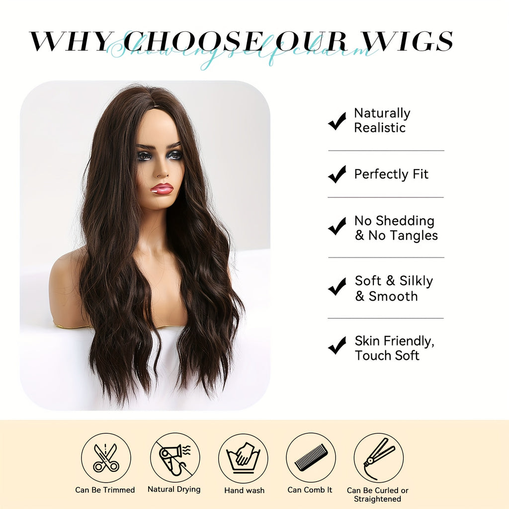 Women's -Resistant Long Curly Wig with Rose Net - Dark Brown/Black -Looking Loose Waves, -Stylable Fiber Hair for Daily Wear, Parties, Christmas & Valentine's Day (No glue/Spray needed)