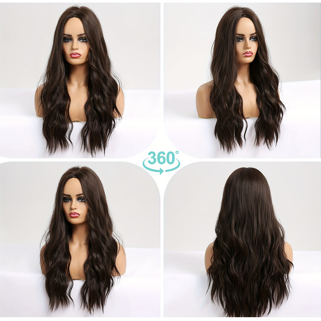 Women's -Resistant Long Curly Wig with Rose Net - Dark Brown/Black -Looking Loose Waves, -Stylable Fiber Hair for Daily Wear, Parties, Christmas & Valentine's Day (No glue/Spray needed)