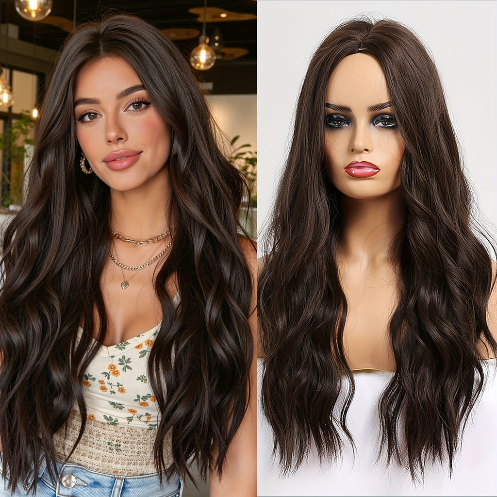 Women's -Resistant Long Curly Wig with Rose Net - Dark Brown/Black -Looking Loose Waves, -Stylable Fiber Hair for Daily Wear, Parties, Christmas & Valentine's Day (No glue/Spray needed)